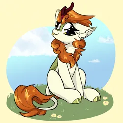Size: 2000x2000 | Tagged: safe, artist:jubyskylines, derpibooru import, autumn blaze, kirin, :p, cloven hooves, ear fluff, female, g4, grass, high res, horn, image, looking at you, png, sitting, smiling, smiling at you, solo, tongue out, unshorn fetlocks