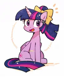 Size: 1000x1200 | Tagged: safe, artist:fuyugi, derpibooru import, twilight sparkle, twilight sparkle (alicorn), alicorn, pony, blushing, bow, cute, female, folded wings, g4, hair bow, horn, image, jpeg, looking at you, mare, open mouth, simple background, sitting, solo, twiabetes, white background, wings