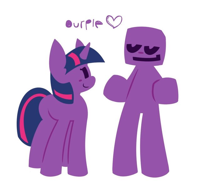 Size: 1082x1028 | Tagged: safe, artist:mihar34, derpibooru import, twilight sparkle, human, pony, unicorn, duo, five nights at freddy's, image, jpeg, purple guy, simple background, smiling, text, unicorn twilight, white background