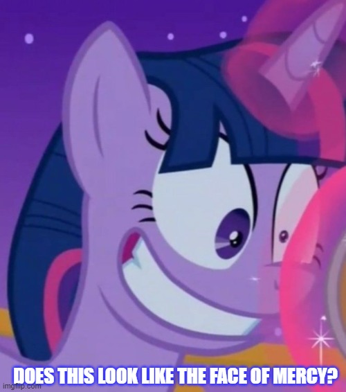 Size: 500x566 | Tagged: safe, derpibooru import, screencap, twilight sparkle, twilight sparkle (alicorn), alicorn, caption, crazy face, creepy, creepy smile, evil grin, face of mercy, faic, grin, grinding, image, image macro, imgflip, insanity, jpeg, meme, smiling, solo, text, twilight snapple