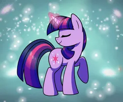 Size: 1200x1000 | Tagged: safe, artist:vale-bandicoot96, derpibooru import, twilight sparkle, pony, unicorn, g4, eyes closed, female, glow, glowing horn, horn, image, magic, magic aura, mare, one hoof raised, png, princess celestia's special princess making dimension, profile, raised hoof, smiling, solo, stars, tail, telekinesis, unicorn twilight