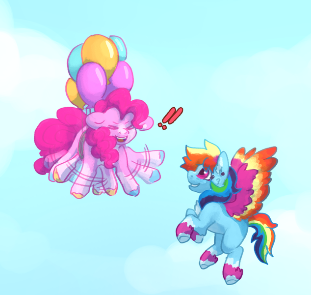 Size: 1280x1211 | Tagged: safe, artist:rosenapppiing, derpibooru import, pinkie pie, rainbow dash, earth pony, pegasus, pony, alternate design, balloon, duo, exclamation point, eyes closed, female, flailing, floating, flying, image, lesbian, open mouth, open smile, pinkiedash, png, shipping, smiling, spread wings, then watch her balloons lift her up to the sky, twitterina design, wings