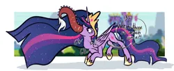 Size: 4809x1966 | Tagged: safe, artist:sadfloorlamp, derpibooru import, discord, princess twilight 2.0, twilight sparkle, twilight sparkle (alicorn), alicorn, pony, the last problem, absurd resolution, blurry background, cartoon physics, colored, colored wings, concave belly, crouching, crown, duo, eaten alive, eating, ethereal mane, ethereal tail, exclamation point, eyelashes, female, folded wings, hammerspace, hammerspace belly, hoof shoes, horn, image, interrobang, jewelry, large wings, long horn, long mane, long tail, male, mare, missing accessory, neck bulge, older, older twilight, older twilight sparkle (alicorn), open mouth, oral vore, passepartout, png, princess shoes, quadrupedal, question mark, raised leg, regalia, same size vore, sketch, slim, soft vore, speech bubble, starry mane, starry tail, surprised, swallowing, tail, talking, thin, throat bulge, tongue out, twilight's castle, two toned wings, unwilling prey, vore, wall of tags, wings