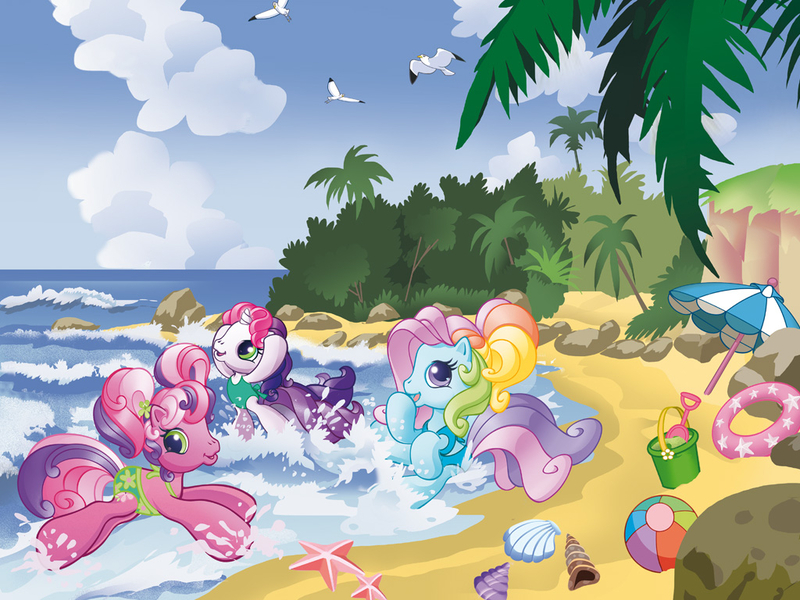 Size: 1024x768 | Tagged: safe, derpibooru import, official, cheerilee, cheerilee (g3), pinkie pie (g3), rainbow dash, rainbow dash (g3), scootaloo (g3), starsong, sweetie belle, sweetie belle (g3), toola roola, bird, earth pony, seagull, starfish, unicorn, g3, 2010s, 2d, ball, beach, clothes, core seven, cute face, digital, egmont, g3.5, illustration, image, jpeg, looking at you, magazine, palm tree, panini, playing, running, seashell, swimsuit, thinking, toola-roola, tree, water