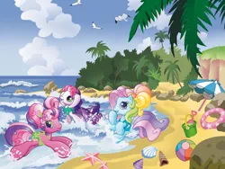 Size: 1024x768 | Tagged: safe, derpibooru import, official, cheerilee, cheerilee (g3), pinkie pie (g3), rainbow dash, rainbow dash (g3), scootaloo (g3), starsong, sweetie belle, sweetie belle (g3), toola roola, bird, earth pony, seagull, starfish, unicorn, g3, 2010s, 2d, ball, beach, clothes, core seven, cute face, digital, egmont, g3.5, illustration, image, jpeg, looking at you, magazine, palm tree, panini, playing, running, seashell, swimsuit, thinking, toola-roola, tree, water
