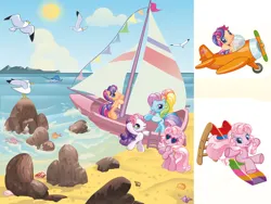 Size: 1024x768 | Tagged: safe, derpibooru import, official, pinkie pie, rainbow dash, scootaloo, sweetie belle, bird, earth pony, fish, seagull, unicorn, g3, 2010s, 2d, beach, boat, cute, cute face, cutealoo, digital, egmont, flying, g3.5, illustration, image, jpeg, looking at you, magazine, panini, plane, playing, sand, slide, sliding, sunglasses, water