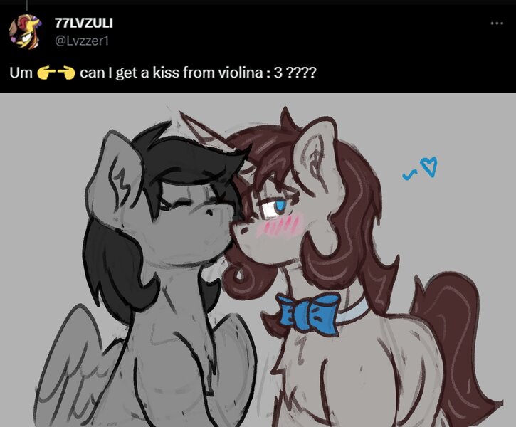Size: 1516x1254 | Tagged: safe, artist:reddthebat, derpibooru import, oc, oc:violina (reddthebat), unofficial characters only, pegasus, pony, unicorn, ask, blush lines, blushing, bowtie, chest fluff, duo, ear fluff, eyes closed, gray background, heart, image, jpeg, kissing, nose kiss, nose wrinkle, simple background, text