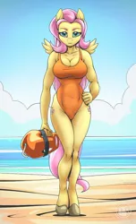 Size: 728x1199 | Tagged: suggestive, artist:mysticalpha, derpibooru import, fluttershy, anthro, pegasus, pony, unguligrade anthro, beach, big breasts, breasts, busty fluttershy, cleavage, clothes, female, hand on hip, image, jpeg, lifeguard, lifeguard fluttershy, looking at you, mare, one-piece swimsuit, solo, solo female, swimsuit