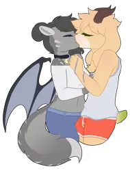 Size: 1600x2100 | Tagged: safe, artist:liefsong, derpibooru import, oc, oc:crescent, oc:goat, anthro, bat pony, goat, sphinx, bat wings, collar, furry, furry oc, image, kissing, png, species swap, sphinxified, wings