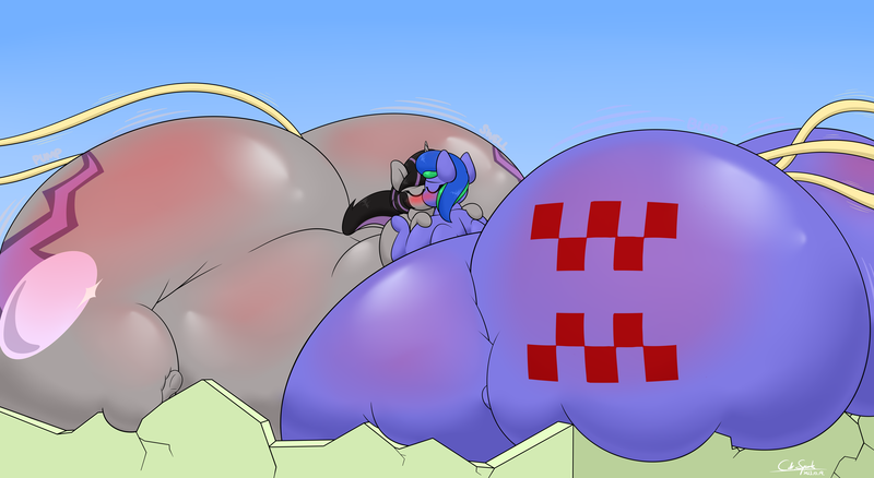 Size: 8400x4600 | Tagged: questionable, artist:cdrspark, derpibooru import, oc, oc:felicity stars, oc:magna-save, unofficial characters only, pegasus, unicorn, anal feeding, anal insertion, belly, belly bed, belly blush, big belly, butt, butt expansion, duo, duo female, eyes closed, feeding tube, female, growth, holding hooves, hose, huge belly, huge butt, hyper, hyper belly, hyper butt, image, impossibly large belly, impossibly large butt, insertion, kissing, large butt, oc x oc, png, property damage, shipping, the ass was fat, the ass was too fat, thighs, thunder thighs, weight gain sequence