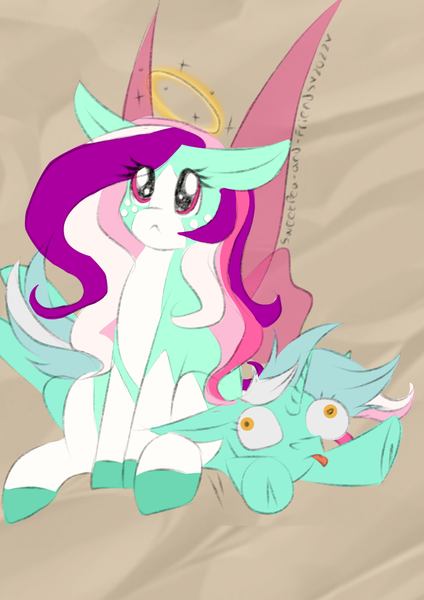 Size: 1240x1754 | Tagged: safe, artist:sweetpea-and-friends, derpibooru import, lyra heartstrings, oc, oc:sweet pea, fairy, flutter pony, unicorn, canon x oc, cute, fairy wings, image, innocent, png, puppy dog eyes, silly, wings