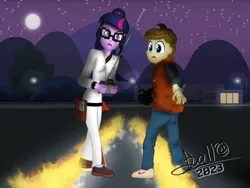Size: 4160x3120 | Tagged: safe, artist:tidmouthmilk12, derpibooru import, twilight sparkle, oc, oc:tidmouth milk, equestria girls, back to the future, camcorder, clothes, costume, duo, fire, glasses, image, looking at camera, looking at you, looking back, looking back at you, moon, night, pencil, png, remote control, screwdriver, shocked, shocked expression, signature, video camera, watch, wristwatch