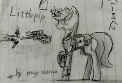 Size: 3070x2083 | Tagged: safe, artist:mige sanwu, derpibooru import, oc, oc:littlepip, unofficial characters only, pony, unicorn, fallout equestria, armor, bag, female, gun, handgun, image, jpeg, lined paper, little macintosh, looking at something, looking sideways, magic, name, photo, pipbuck, pistol, raised hoof, revolver, saddle bag, shadow, shooting, side view, sketch, solo, standing, traditional art, weapon