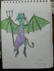 Size: 3024x4032 | Tagged: safe, artist:pink amena, derpibooru import, lyra heartstrings, demon, equestria girls, colored pencil drawing, demon horns, demon wings, devil tail, horns, image, jpeg, pitchfork, smiling, solo, tail, traditional art, wings