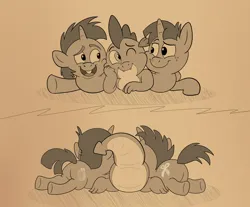 Size: 3500x2900 | Tagged: safe, artist:rupert, derpibooru import, snails, snips, spike, dragon, pony, unicorn, series:spiketober: rupert style, butt, cheek squish, colt, cute, cutie mark, dragon tail, dragonbutt, foal, front view, hanging out, image, lying down, male, monochrome, one eye closed, plot, png, prone, rear view, smiling, spikabetes, squishy cheeks, tail