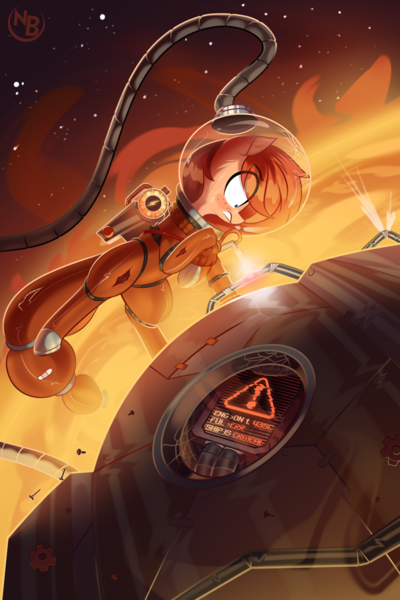 Size: 2818x4231 | Tagged: safe, artist:nevobaster, derpibooru import, oc, oc:rusty gears, unofficial characters only, pony, computer, error message, female, freckles, image, mare, png, solo, space, space helmet, spaceship, spacesuit, stars, welding, worried, zero gravity