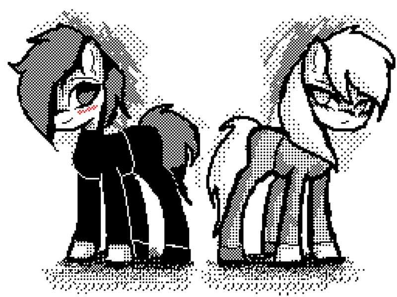 Size: 1536x1152 | Tagged: safe, artist:menalia, derpibooru import, oc, unnamed oc, unofficial characters only, earth pony, pony, aseprite, clothes, dithering, female, flipnote studio, image, long sleeves, looking at each other, looking at someone, mare, pants, pixel art, png, shirt, shoes, style emulation, t-shirt