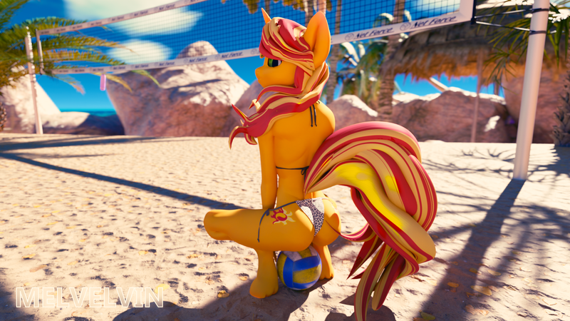 Size: 1920x1080 | Tagged: suggestive, artist:melvelvin, derpibooru import, sunset shimmer, anthro, unguligrade anthro, unicorn, 3d, ass, beach, bunset shimmer, butt, clothes, image, looking at you, looking back, looking back at you, pinup, png, sports, squatting, swimsuit, volleyball