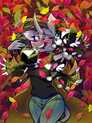 Size: 1536x2048 | Tagged: safe, artist:jully-park, derpibooru import, oleander (tfh), anthro, classical unicorn, dog, unicorn, them's fightin' herds, autumn, cloven hooves, community related, horn, image, laughing, leaves, leonine tail, png, puppy, smiling, unshorn fetlocks