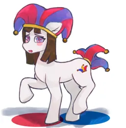 Size: 1582x1600 | Tagged: safe, artist:dastrak, derpibooru import, ponified, earth pony, pony, female, hat, image, jester, jester hat, jpeg, mare, pomni, raised hoof, simple background, solo, the amazing digital circus, white background
