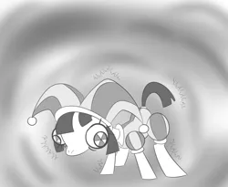 Size: 1430x1173 | Tagged: safe, artist:partlysmith, derpibooru import, ponified, earth pony, pony, emanata, eye bulging, female, grayscale, hat, image, jester, jester hat, mare, monochrome, no more ponies at source, png, pomni, solo, the amazing digital circus
