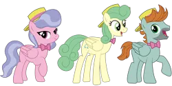 Size: 2400x1200 | Tagged: safe, artist:prixy05, derpibooru import, oc, unnamed oc, pegasus, pony, bowtie, female, hat, image, male, mare, png, simple background, stallion, straw hat, transparent background, trio