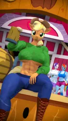 Size: 2160x3840 | Tagged: suggestive, artist:silkworm205, derpibooru import, part of a set, applejack, rainbow dash, rarity, anthro, earth pony, pegasus, unicorn, series:silkworm205's aj day 2023, 3d, abs, alternate hairstyle, apple, applejack day, applejack's cowboy boots, applejack's hat, barrel, big grin, boots, breasts, busty applejack, busty rainbow dash, busty rarity, cider, clothes, colored eyebrows, cowboy hat, exposed belly, female, females only, floppy ears, fluffy mane, fluffy tail, food, grin, hand on hip, hat, high res, image, jewelry, looking at someone, looking at you, money, mug, muscles, muscular female, necklace, outdoors, pants, png, revamped anthros, revealing clothing, shoes, shorts, sitting, skirt, smiling, source filmmaker, sweet apple acres barn, tail, thighs, underboob, wide hips