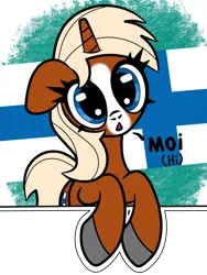 Size: 1200x1600 | Tagged: safe, artist:scandianon, derpibooru import, oc, oc:finnmare, ponified, unofficial characters only, pony, unicorn, breaking the fourth wall, female, finland, flag, hooves, image, looking at you, mare, nation ponies, png, solo, talking to viewer