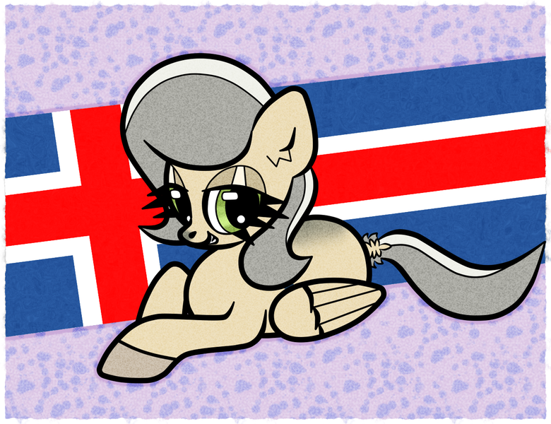 Size: 1300x1000 | Tagged: safe, artist:scandianon, derpibooru import, oc, oc:iceland horse, ponified, unofficial characters only, pegasus, pony, bedroom eyes, coat markings, dock, facial markings, female, flag, hooves, iceland, image, looking at you, lying down, mare, nation ponies, passepartout, png, prone, smiling, smirk, tail, wings