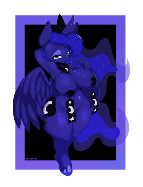 Size: 2357x3092 | Tagged: questionable, artist:ephemilie, derpibooru import, princess luna, alicorn, anthro, breasts, busty princess luna, butt, cutie mark, disproportional anatomy, huge butt, image, large butt, looking at you, pinup, png, torpedo tits, wasp waist, wide hips