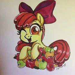 Size: 2048x2048 | Tagged: safe, artist:sophillia, derpibooru import, apple bloom, earth pony, pony, apple, female, filly, foal, food, image, jpeg, looking at you, one eye closed, open mouth, solo, traditional art, wink