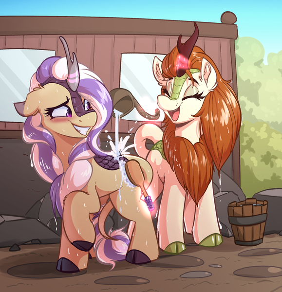 Size: 2287x2369 | Tagged: safe, artist:witchtaunter, derpibooru import, autumn blaze, oc, oc:lotus cinder, kirin, fanfic, fanfic:words of power, blushing, brush, fanfic art, female, image, kirin oc, ladle, png, quadrupedal, story in the source