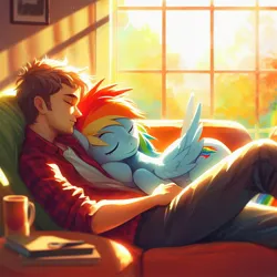 Size: 1024x1024 | Tagged: safe, derpibooru import, machine learning generated, rainbow dash, human, pegasus, pony, ai content, anonymous, couch, cute, generator:bing image creator, human and pony, human on pony snuggling, image, interspecies, jpeg, snuggling, sunlight, window