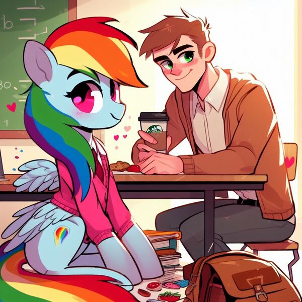 Size: 1024x1024 | Tagged: safe, ai content, derpibooru import, machine learning generated, prompter:2050brony, rainbow dash, human, pegasus, pony, g4, anonymous, book, chalkboard, classroom, clothes, coffee, coffee cup, college, cup, duo, female, floating heart, generator:bing image creator, heart, human and pony, image, interspecies, jpeg, lindo, looking at you, male, mare, math, student, studying