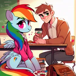 Size: 1024x1024 | Tagged: safe, derpibooru import, machine learning generated, rainbow dash, human, pegasus, pony, ai content, anonymous, book, chalkboard, classroom, clothes, coffee, college, floating heart, generator:bing image creator, heart, human and pony, image, interspecies, jpeg, lindo, looking at you, math, student, studying