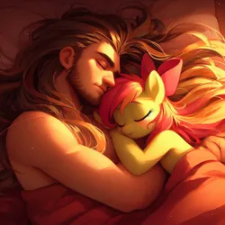 Size: 1024x1024 | Tagged: safe, derpibooru import, machine learning generated, apple bloom, earth pony, human, pony, ai content, bed, cute, generator:bing image creator, human and pony, human on pony snuggling, image, interspecies, jpeg, laying on bed, lying down, on bed, snuggling, sunlight, sunrise
