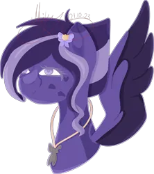 Size: 3230x3637 | Tagged: safe, artist:thecommandermiky, derpibooru import, oc, oc:miky command, unofficial characters only, pegasus, pony, accessory, bow, bust, eyes open, female, hair bow, image, jewelry, mare, necklace, pegasus oc, png, purple coat, purple eyes, purple hair, purple mane, simple background, spots, spread wings, transparent background, wings