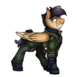 Size: 2300x2300 | Tagged: safe, artist:molars, derpibooru import, oc, oc:lockheed venture, unofficial characters only, pegasus, armor, boots, clothes, concave belly, dark mane, folded wings, full body, image, looking at you, outfit, png, shoes, simple background, smiling, smug, wings