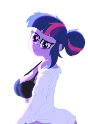 Size: 2750x3892 | Tagged: suggestive, artist:gaiusmaximiliano, derpibooru import, sci-twi, twilight sparkle, human, equestria girls, big breasts, bra, breasts, busty sci-twi, busty twilight sparkle, clothes, female, hair bun, humanized, image, lab coat, lightning, looking at you, png, seductive, show accurate, solo, underwear, undressing
