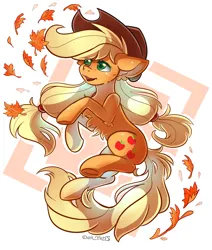 Size: 1576x1860 | Tagged: safe, alternate version, artist:yukomaussi, artist:yuris, derpibooru import, applejack, earth pony, pony, alternate character, autumn, female, image, open mouth, png, simple background, smiling, solo, white background