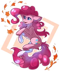 Size: 1576x1860 | Tagged: safe, alternate version, artist:yukomaussi, artist:yuris, derpibooru import, pinkie pie, earth pony, pony, alternate character, autumn, female, image, open mouth, png, simple background, smiling, solo, white background