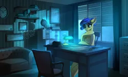 Size: 4785x2881 | Tagged: safe, artist:chamommile, derpibooru import, oc, unofficial characters only, earth pony, pony, background, blue hair, chair, chest fluff, clock, commission, couch, desk, desk lamp, ear fluff, earth pony oc, evening, file cabinet, globe, green eyes, gun, handgun, image, looking at something, looking down, office, phone, png, revolver, sitting, solo, table, weapon, window, yellow skin