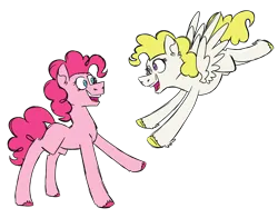 Size: 1400x1100 | Tagged: safe, artist:fuckomcfuck, derpibooru import, pinkie pie, surprise, earth pony, pegasus, pony, g1, derpibooru exclusive, duo, female, generational ponidox, image, looking at each other, looking at someone, mare, missing cutie mark, mlp fim's thirteenth anniversary, open mouth, open smile, png, simple background, smiling, transparent background, unshorn fetlocks