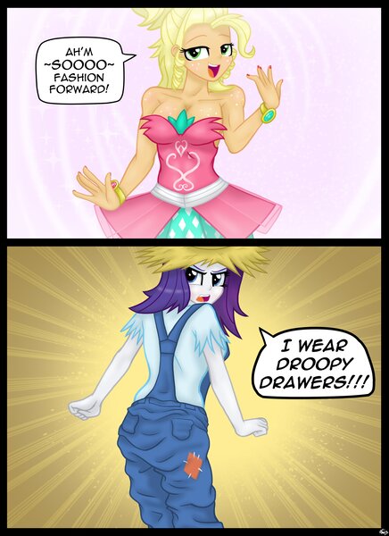 Size: 2975x4092 | Tagged: safe, artist:lennondash, derpibooru import, applejack, rarity, human, equestria girls, simple ways, applejewel, ass, boob freckles, bracelet, breasts, busty applejack, butt, chest freckles, cleavage, clothes, dress, duo, equestria girls interpretation, eyeshadow, female, freckles, hat, high res, image, jewelry, jpeg, makeup, nail polish, open mouth, overalls, rarihick, rearity, scene interpretation, shirt, shoulder freckles, straw hat