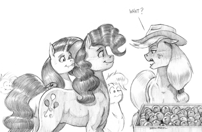 Size: 1400x913 | Tagged: safe, artist:baron engel, derpibooru import, applejack, pinkie pie, rarity, earth pony, pony, unicorn, apple, applejack's hat, cowboy hat, female, food, hat, image, jpeg, looking at someone, mare, monochrome, pencil drawing, simple background, traditional art, white background