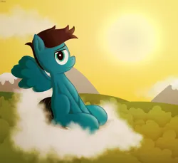 Size: 7200x6600 | Tagged: safe, artist:agkandphotomaker2000, derpibooru import, oc, oc:pony video maker, pegasus, afternoon, cloud, complex background, forest, hill, image, looking at you, male, mountain, on a cloud, pegasus oc, png, sitting, sitting on cloud, spread wings, sunset, tree, wings