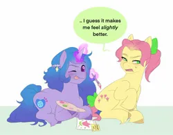 Size: 1380x1079 | Tagged: safe, artist:aztrial, derpibooru import, izzy moonbow, posey (g5), earth pony, pony, unicorn, g5, blank flank, duo, duo female, female, image, jpeg, magic, mare, paintbrush, telekinesis