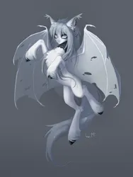 Size: 3000x4000 | Tagged: safe, artist:inarimayer, derpibooru import, oc, unofficial characters only, bat pony, pony, bat pony oc, bat wings, belly, chest fluff, gradient background, gray, hoof fluff, hooves, image, leg fluff, long bangs, long mane, long tail, partially open wings, png, raised hoof, raised hooves, signature, slim, solo, sparkly mane, sparkly tail, tail, thin, unshorn fetlocks, wings