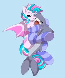 Size: 5000x6000 | Tagged: source needed, suggestive, artist:haruk, derpibooru import, oc, oc:sweetie swirl, unofficial characters only, bat pony, shark, bedroom eyes, clothes, cuddling, cutie mark, femboy, image, lidded eyes, looking at you, male, multicolored hair, plushie, png, shark plushie, simple background, smiling, smiling at you, socks, thighs, thunder thighs