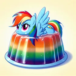 Size: 1024x1024 | Tagged: safe, derpibooru import, machine learning generated, rainbow dash, pegasus, pony, ai content, female, food, foodplay, generator:bing image creator, image, jello, jpeg, looking up, plate, ponies in food, simple background, solo, stuck, white background, wings